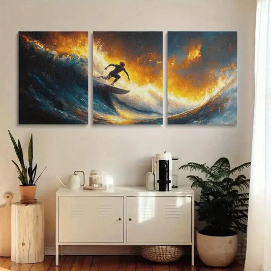 3pcs Vibrant Sunset Surf Scene Metal Print Ready to Hang Art