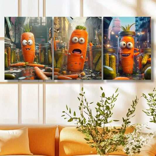 3pcs Whimsical Carrot & Pickle Cityscape Metal Print Ready to Hang Art