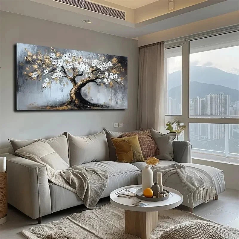 Tree & White Flowers Wall Art canvas office home room framed 120x60cm