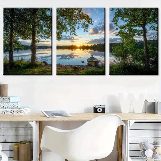 3pcs Lake Scenery Sunset Forest Painting Metal Print Ready to Hang Art