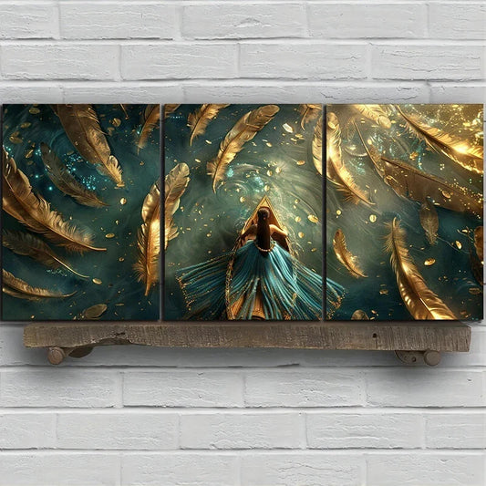 3pcs Golden Feather and Boat ThemedMetal Print Ready to Hang Art