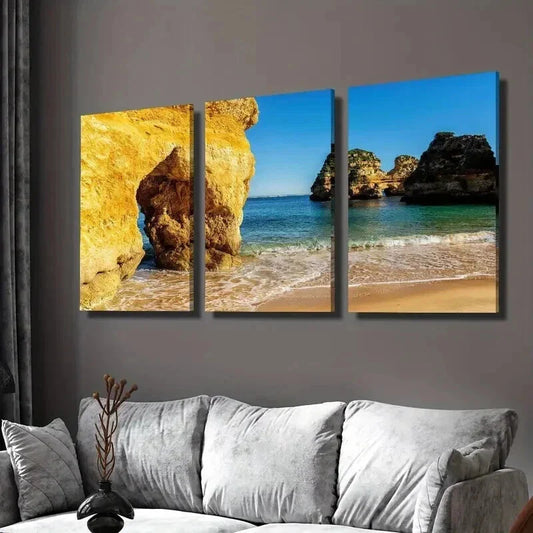 3pcs Golden Rocks and Beaches Landscape Wall Art Set Canvas Framed 40x60cm - High Quality Print 100% Australian Made Wall Canvas Ready to Hang