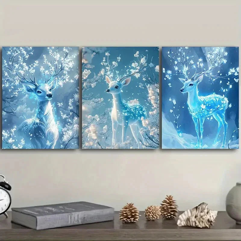 3pcs A deer with ice-blue Metal Print Ready to Hang Art
