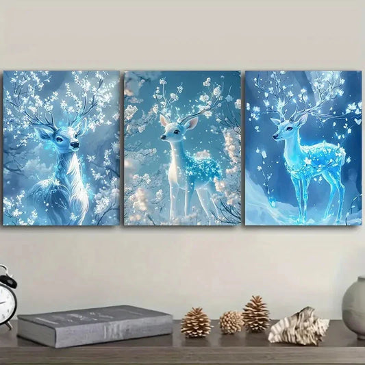 3pcs A deer with ice-blue Metal Print Ready to Hang Art
