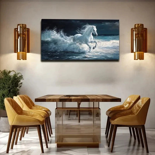 White Horse Galloping In Ocean Wall Art canvas office home room framed 120x60cm