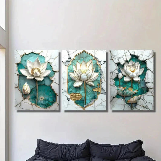 3pcs Lotus, light luxury style mural,, Metal Print Ready to Hang Art