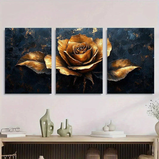 3pcs Black and Golden Rose Elegant Metal Print Ready to Hang Art