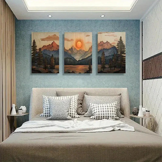 3pcs Mountain Sunset Landscape Nature Perfect Wall Art Set Canvas Framed 40x60cm - High Quality Print 100% Australian Made Wall Canvas Ready to Hang