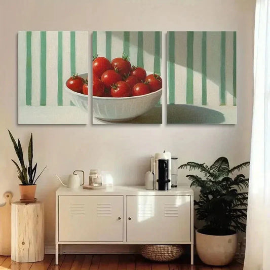 3pcs Vibrant Red Tomatoes with Green Stripes Metal Print Ready to Hang Art