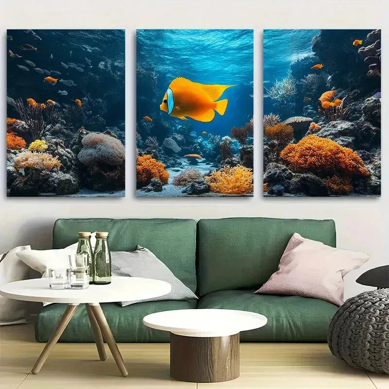 3pcs Ocean with Yellow Fish and Corals Design Metal Print Ready to Hang Art