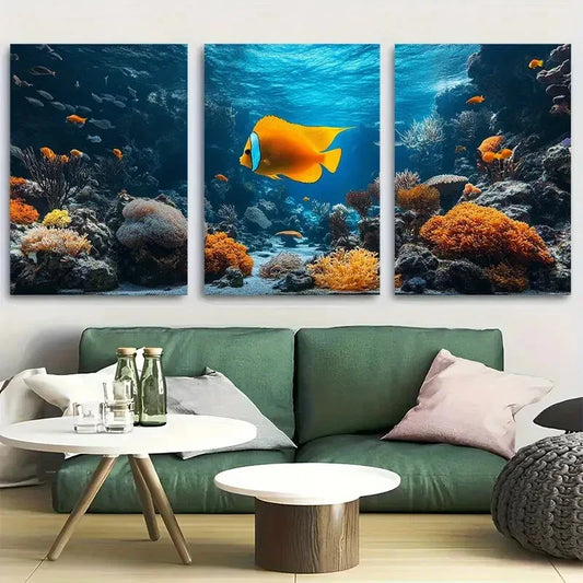 3pcs Ocean with Yellow Fish and Corals Design Metal Print Ready to Hang Art