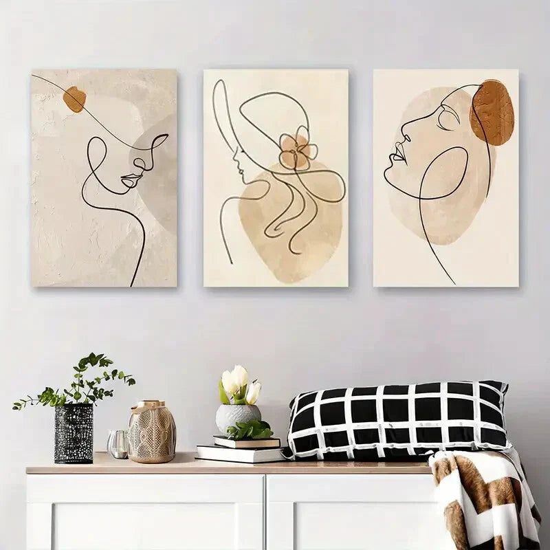 3pcs Elegant Female Profiles with Minimalist Metal Print Ready to Hang Art