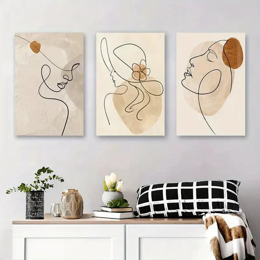 3pcs Elegant Female Profiles with Minimalist Metal Print Ready to Hang Art