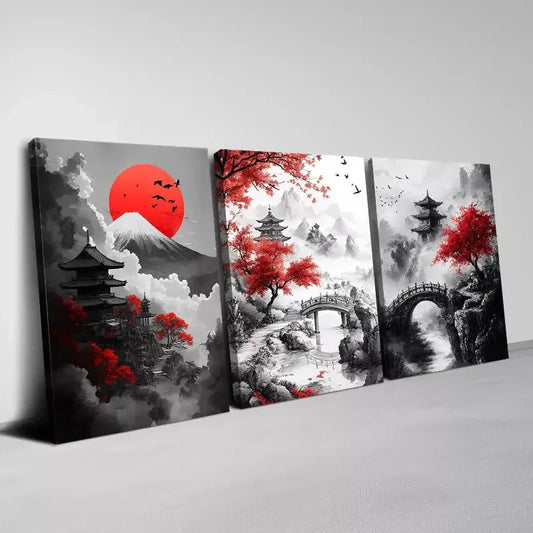 3pcs Monochrome Mountain, River with Pagoda Wall Art Set Canvas Framed 40x60cm - High Quality Print 100% Australian Made Wall Canvas Ready to Hang