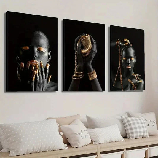 3pcs Black Woman Hands Wearing Golden Jewelry Wall Art Set Canvas Framed 40x60cm - High Quality Print 100% Australian Made Wall Canvas Ready to Hang