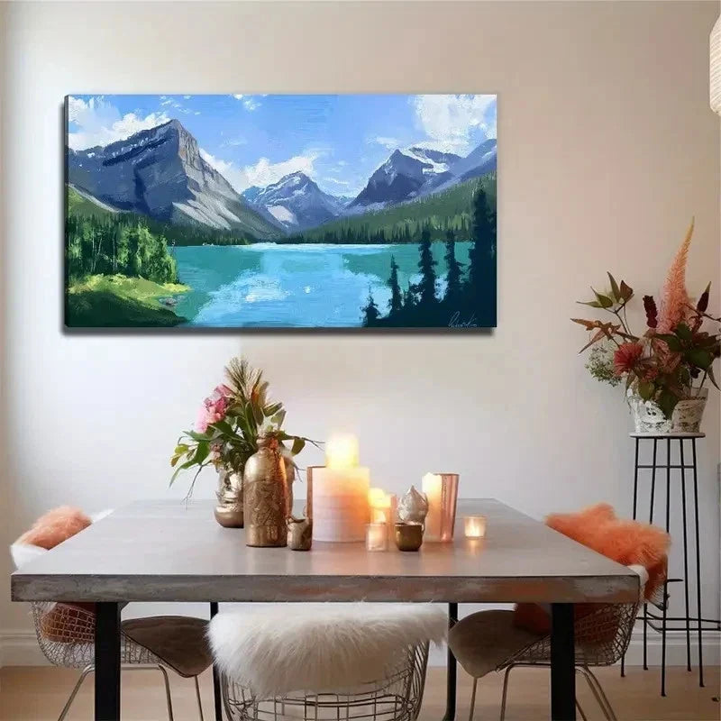 Modern Minimalist Mountain Lake Wall Art Canvas Office Home Room Framed 80x45cm
