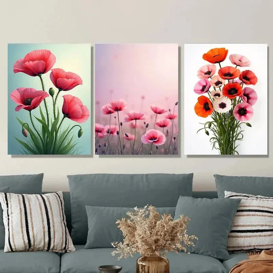 3pcs Vibrant Pink & Orange Poppy Designs Metal Print Ready to Hang Art
