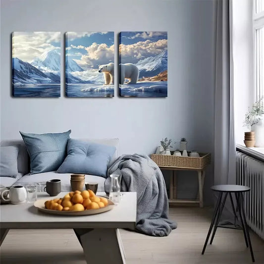 3pcs Polar Bear on Ice  Wall Art Set Canvas Framed 40x60cm - High Quality Print 100% Australian Made Wall Canvas Ready to Hang