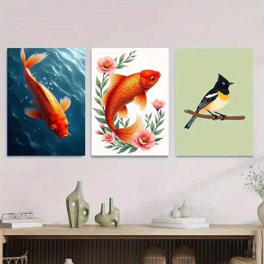 3pcs Floral & Bird Vibrant Orange Koi Metal Print Ready to Hang Art
