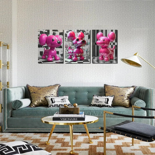 3pcs Pink Dog Modern Painting Black Eyes Metal Print Ready to Hang Art