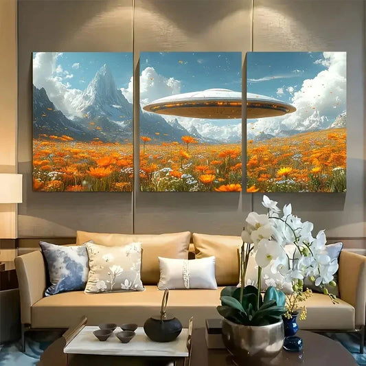 3pcs Vibrant UFO & Wildflower Meadow Metal Print Ready to Hang Art