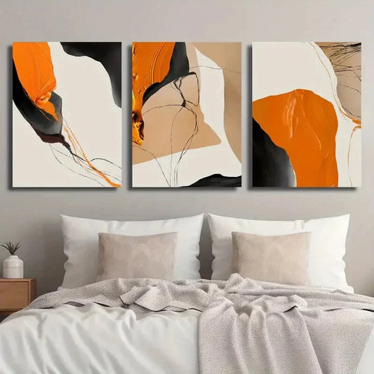 3pcs Modern Orange and Black Abstract Line Metal Print Ready to Hang Art