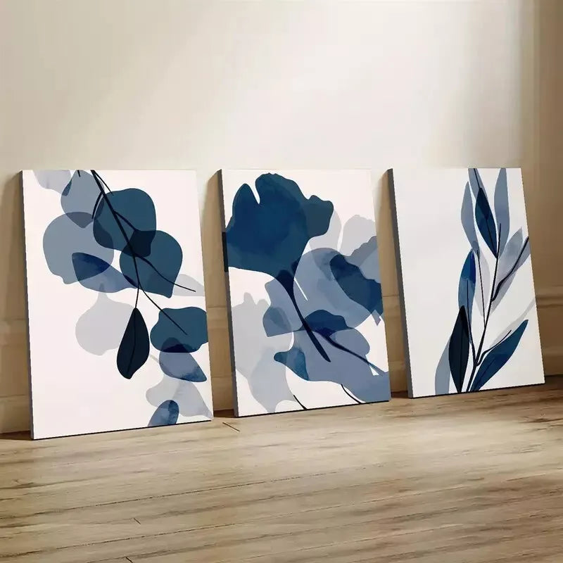 3pcs Navy Blue Abstract Botanical Aesthetic Wall Art Set Canvas Framed 40x60cm - High Quality Print 100% Australian Made Wall Canvas Ready to Hang