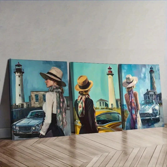 3pcs The girl by the old car (4)  Wall Art Set Canvas Framed 40x60cm - High Quality Print 100% Australian Made Wall Canvas Ready to Hang