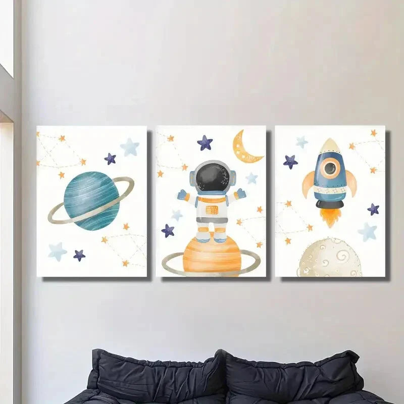 3pcs Cartoon illustration, rocket, planet Metal Print Ready to Hang Art