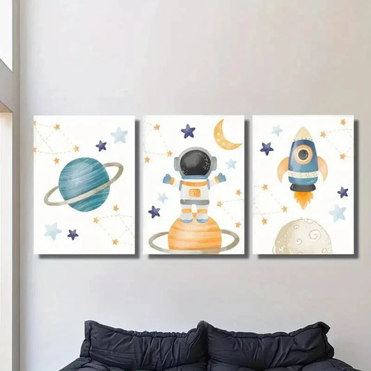 3pcs Cartoon illustration, rocket, planet Metal Print Ready to Hang Art