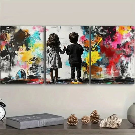 3pcs The two children drew back the curtains Metal Print Ready to Hang Art