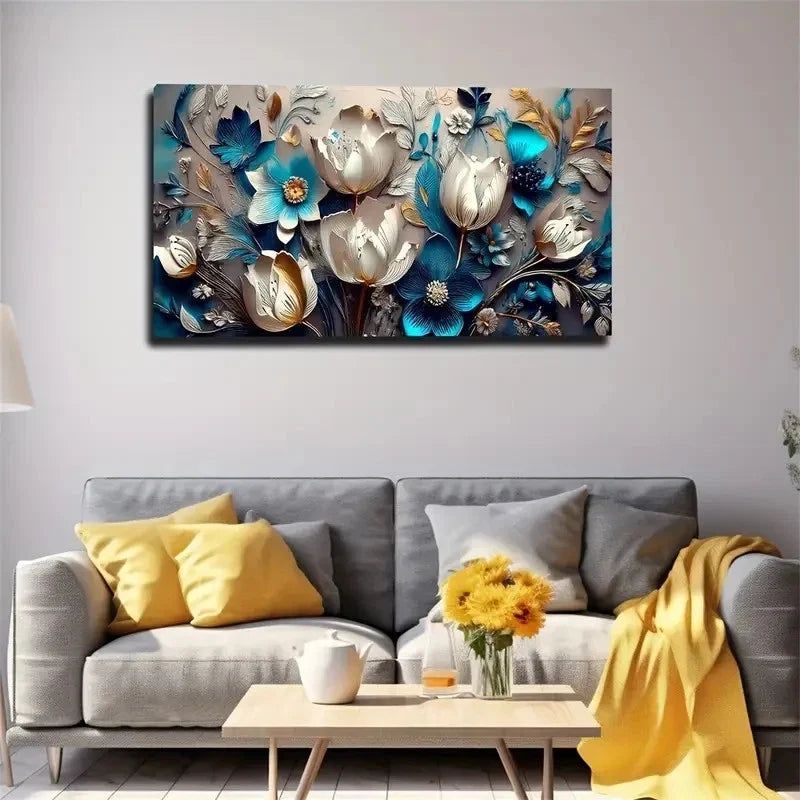 Golden & Blue Flowers Wall Art Canvas Office Home Room Framed 80x45cm