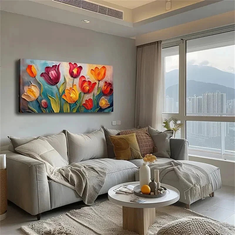 Vibrant Blooming Tulips Leaves Wall Art Canvas Office Home Room Framed 120x60cm
