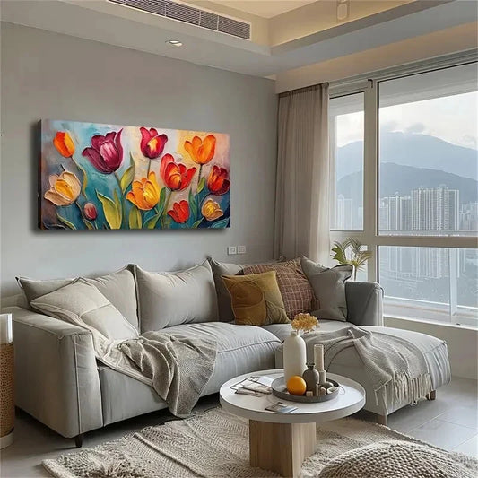 Vibrant Blooming Tulips Leaves Wall Art Canvas Office Home Room Framed 120x60cm