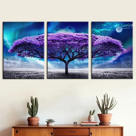 3pcs Purple Tree Of Life Under Starry Sky Metal Print Ready to Hang Art