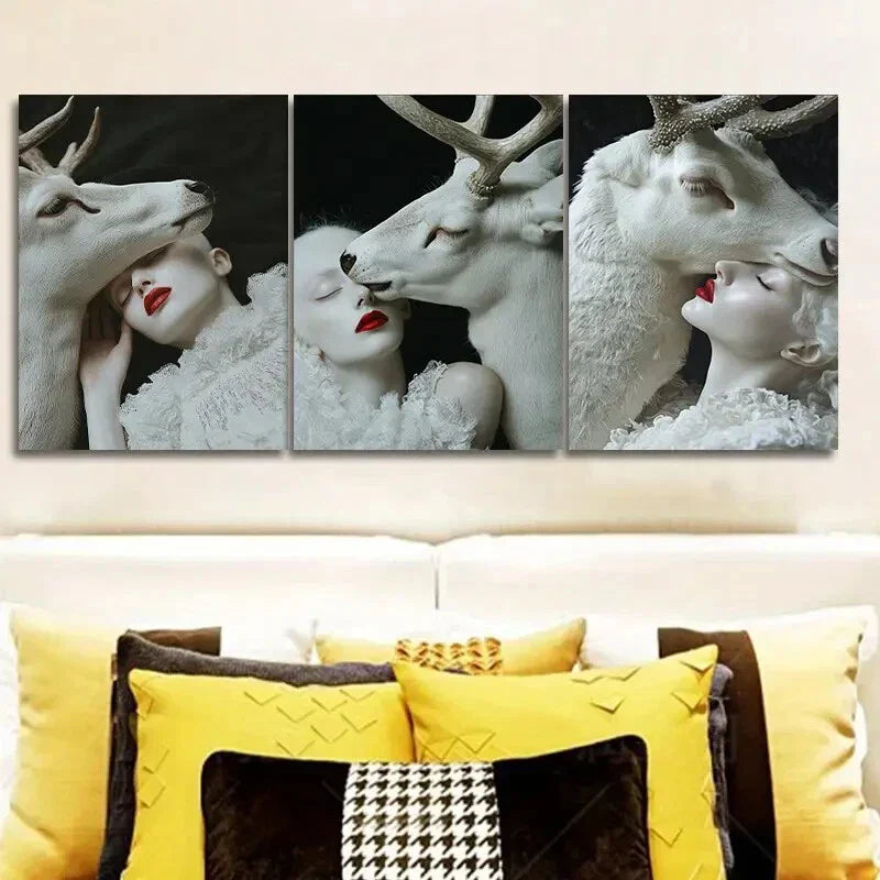 3pcs White Deer, girl Art Painting Metal Print Ready to Hang Art