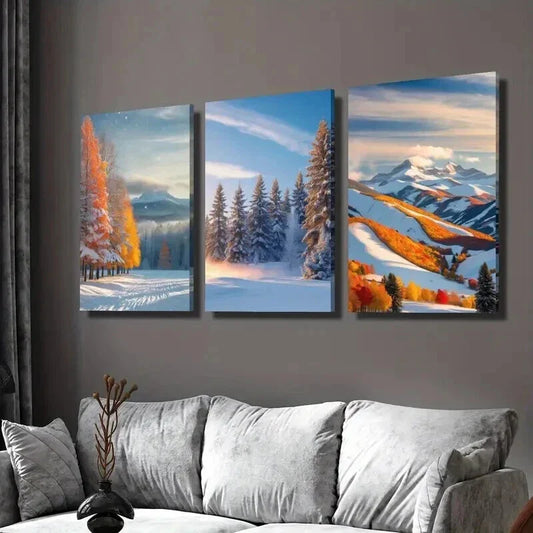 3pcs Winter Snow Forest Photography Wall Art Set Canvas Framed 40x60cm - High Quality Print 100% Australian Made Wall Canvas Ready to Hang