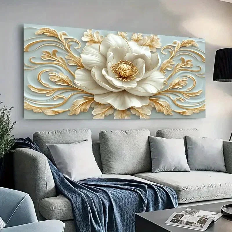 Elegant White Floral and Golden Wall Art Canvas Office Home Room Framed 80x45cm