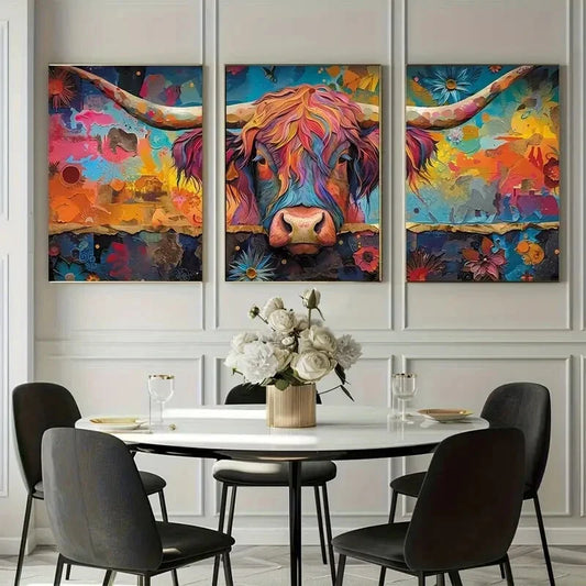 3pcs Colorful Painted Cow Metal Print Ready to Hang Art