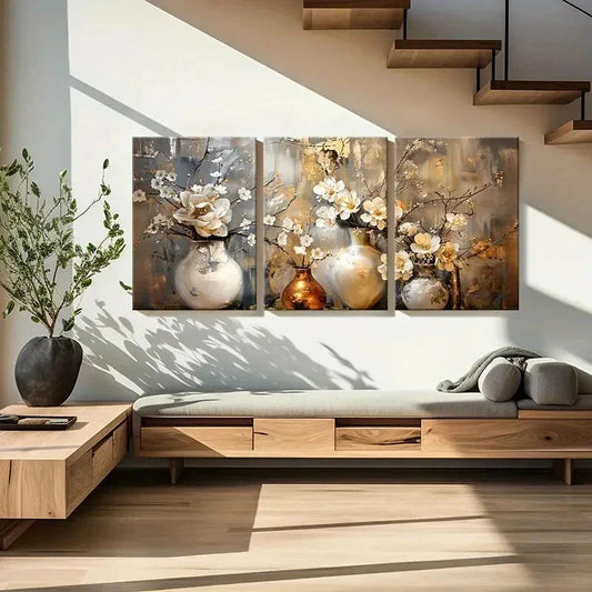 3pcs Elegant Floral with Golden Vases Metal Print Ready to Hang Art