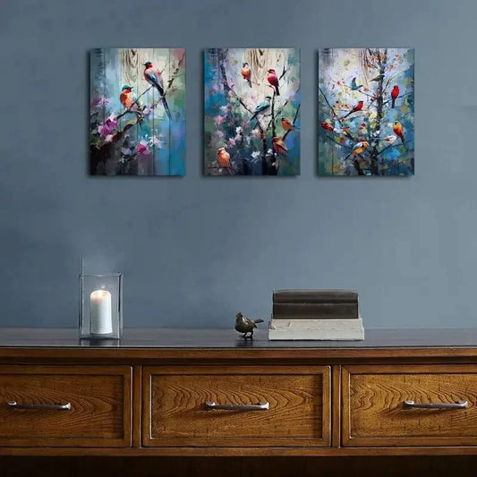 3pcs Vibrant Bird & Floral Colorful Abstract Metal Print Ready to Hang Art