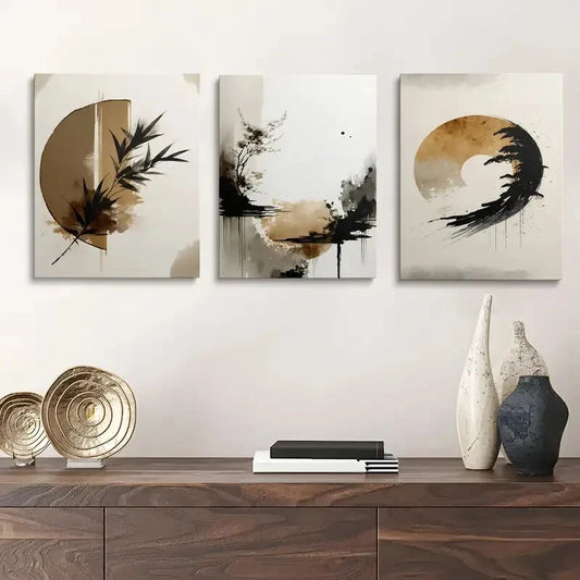 3pcs Black & Beige Modern Ink Abstract Metal Print Ready to Hang Art