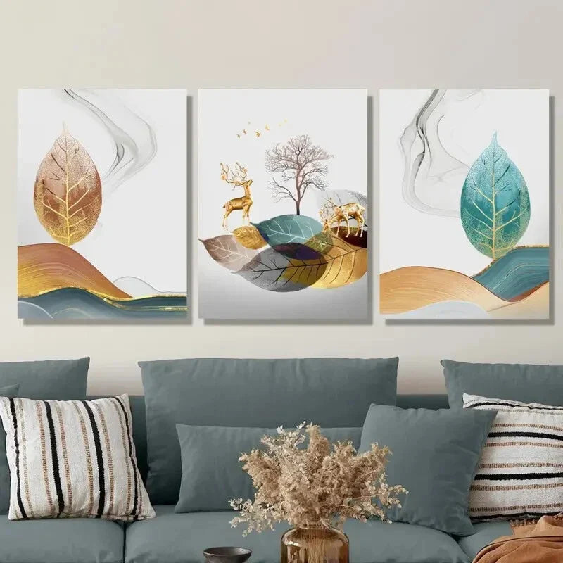 3pcs , New Chinese Style Simple Feng Shui Metal Print Ready to Hang Art