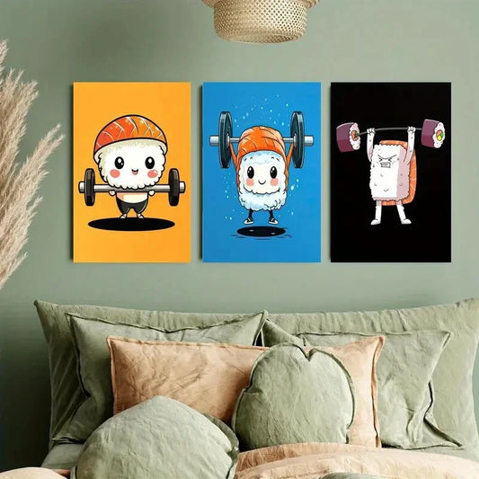3pcs Sushi Weightlifting with a Blue Background Metal Print Ready to Hang Art