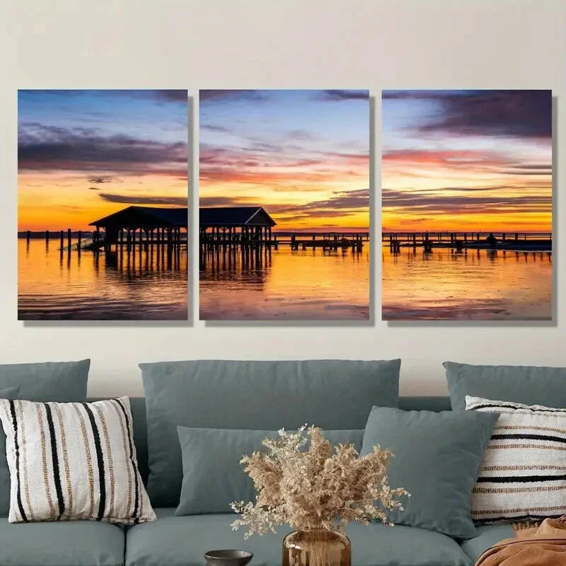 3pcs Romantic Seascape Sunset, Metal Print Ready to Hang Art