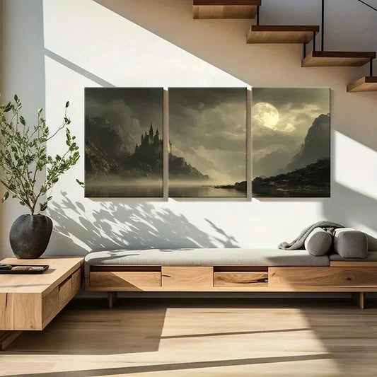 3pcs Mystical Castle Full Moon & Mountain Metal Print Ready to Hang Art