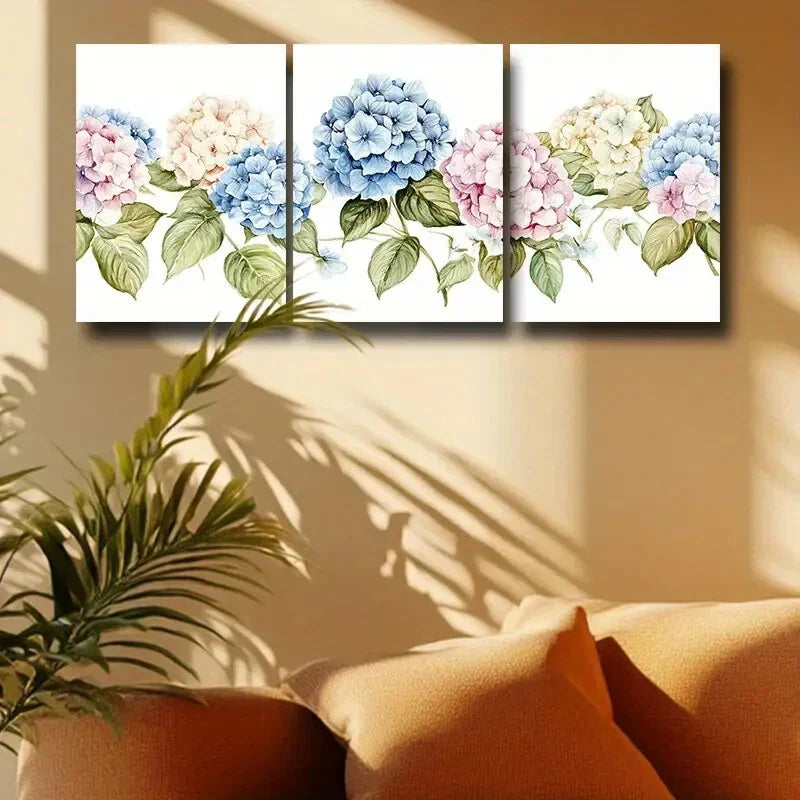 3pcs Vibrant Blue & Pink Hydrangea with Leaves Metal Print Ready to Hang Art