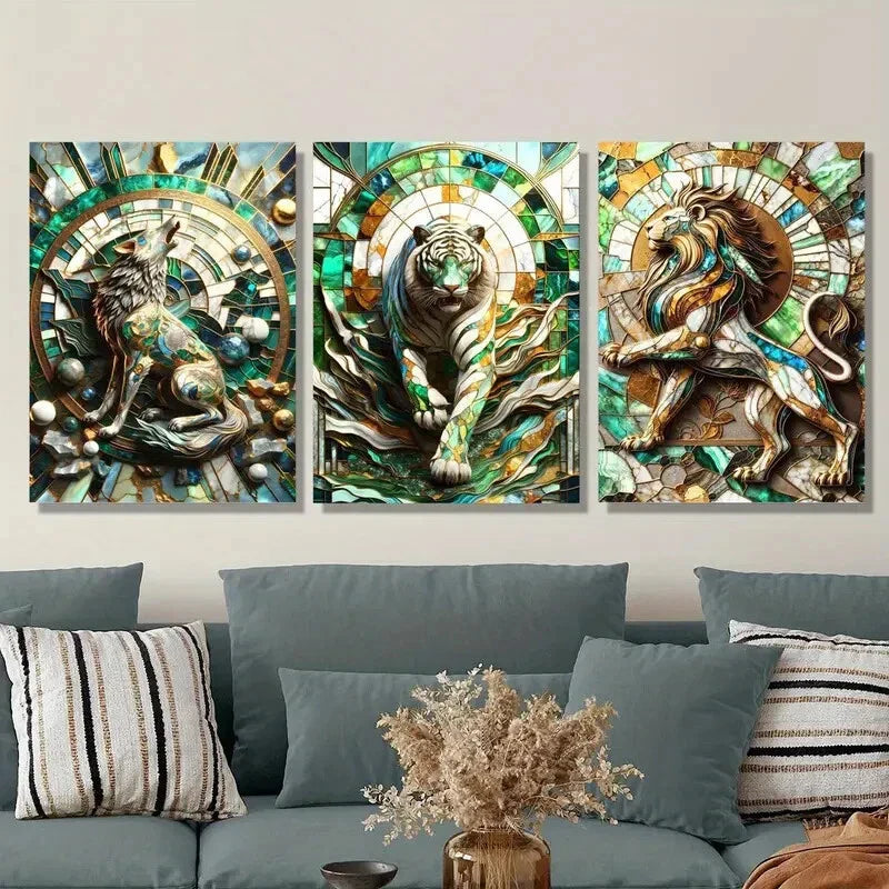 3pcs Tiger, Lion, Wolf in Abstract Woodland Metal Print Ready to Hang Art