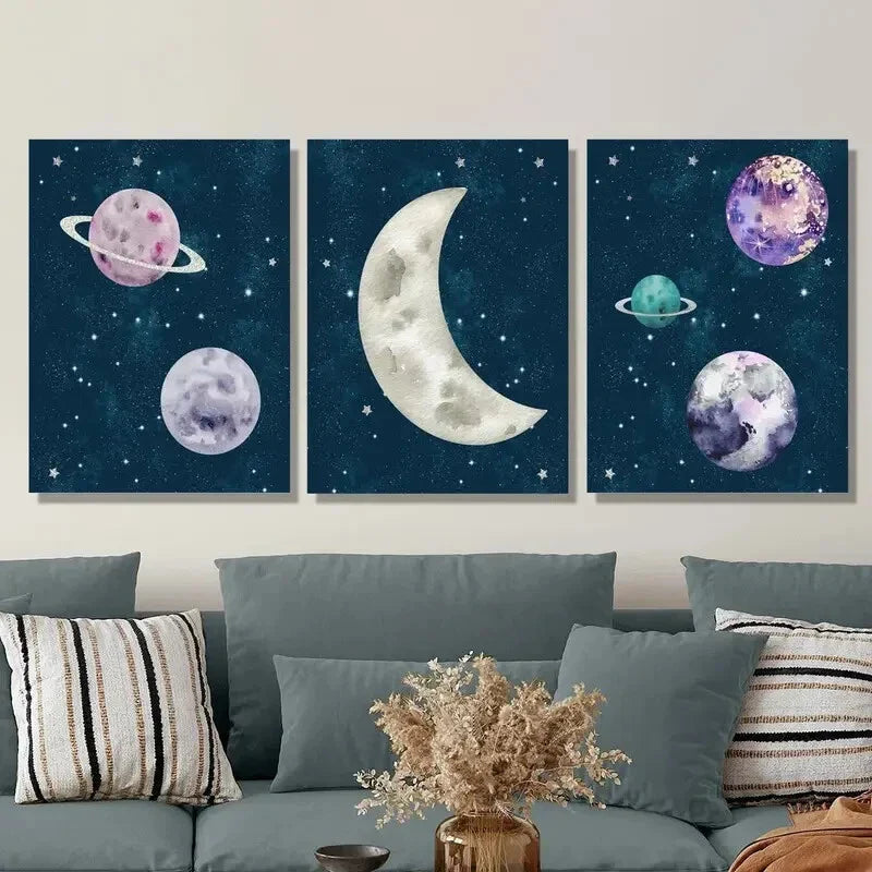 3pcs Featuring Planet, Moon &amp; Stars, Metal Print Ready to Hang Art
