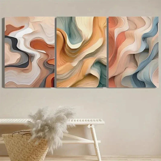 3pcs Modern Colorful Wave Line Golden Blue Metal Print Ready to Hang Art